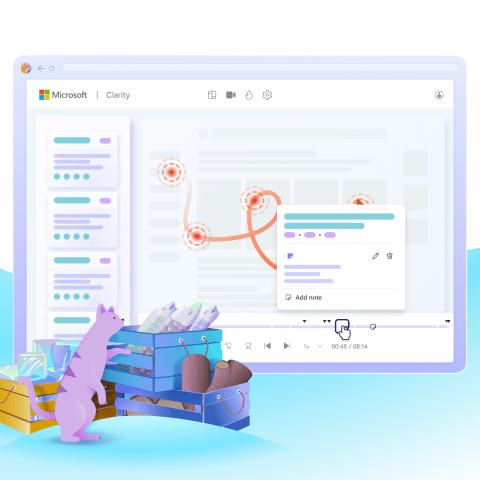 Image of a cat looking at a crate of fish in front of a UI illustration of Microsoft Clarity. This is from Alyssa Voegele's online portfolio.